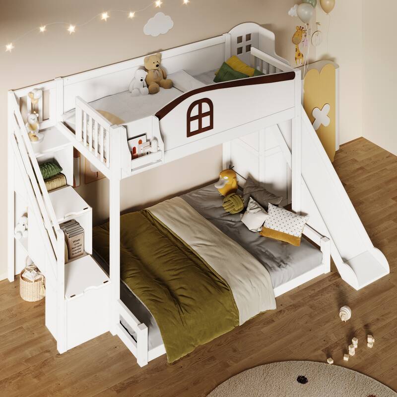 Roomfitters Twin Over Full Bunk Bed with Slide, Wardrobe and Storage Staircase