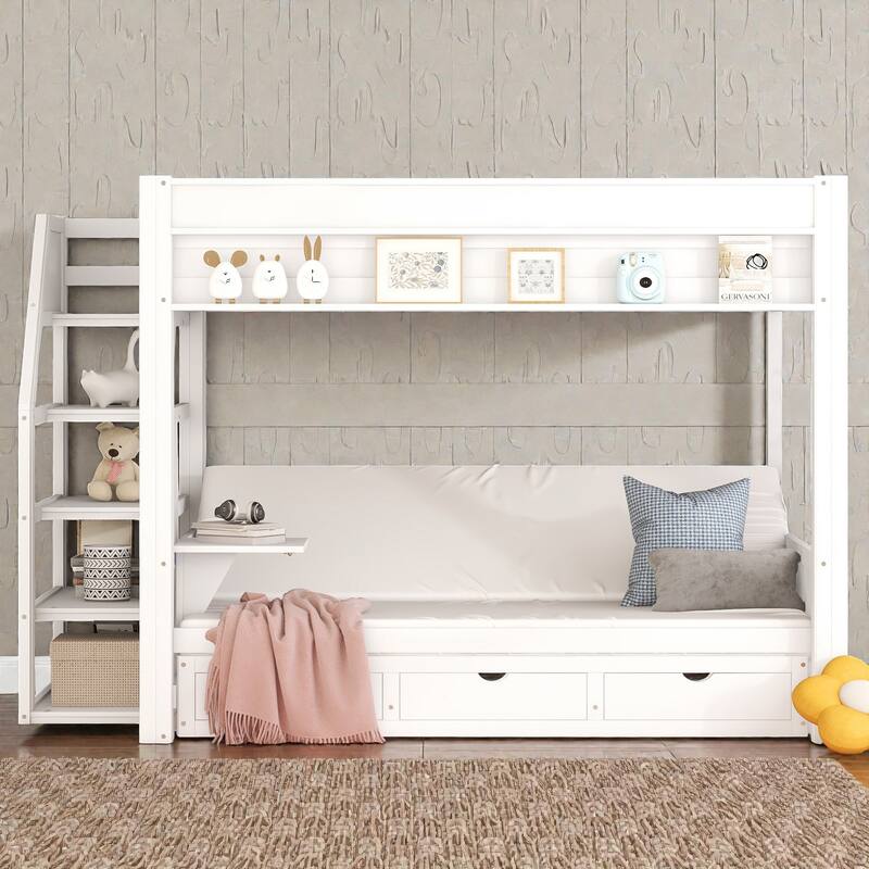 Full Size Convertible Bunk Bed with Storage Staircase, Daybed Pull-Out Design, Bedside Table, and 3 Drawers