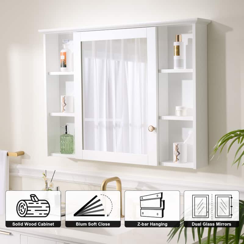 Modern Surface Mount Solid Wood Framed Medicine Cabinet With Mirror and Shelves