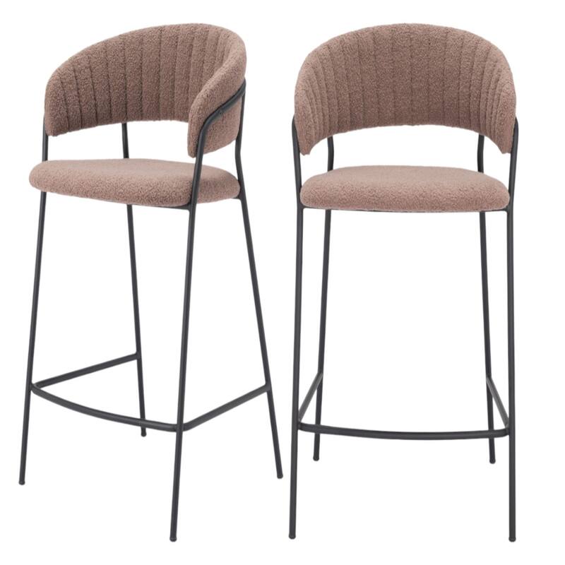 Set of Two 26" Brown and Black Shearling and Steel Low Back Counter Height Bar Chairs - 35.8”H x 20.5”W x 20.9”D