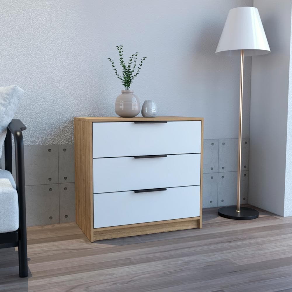 Dresser with 3 Drawers White Light Oak Bedroom Living Room Spacious Drawers Superior Top Modern Design 27.5 Inch Wide