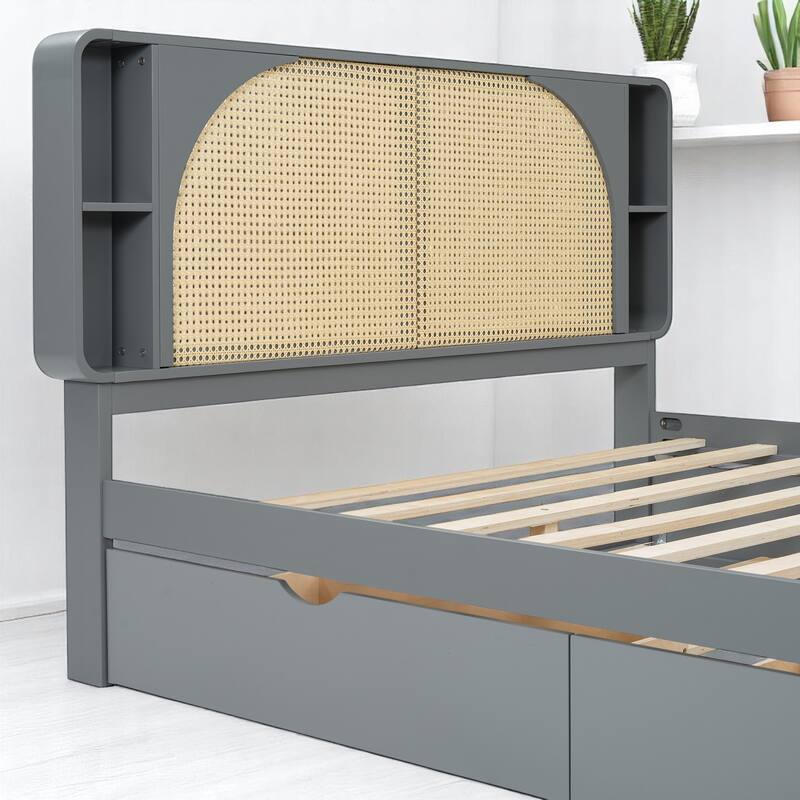 Queen Size Platform Bed with Rattan Headboard bed, 2 Drawers, Pull-Out Trundle bed, and Storage Compartments bed