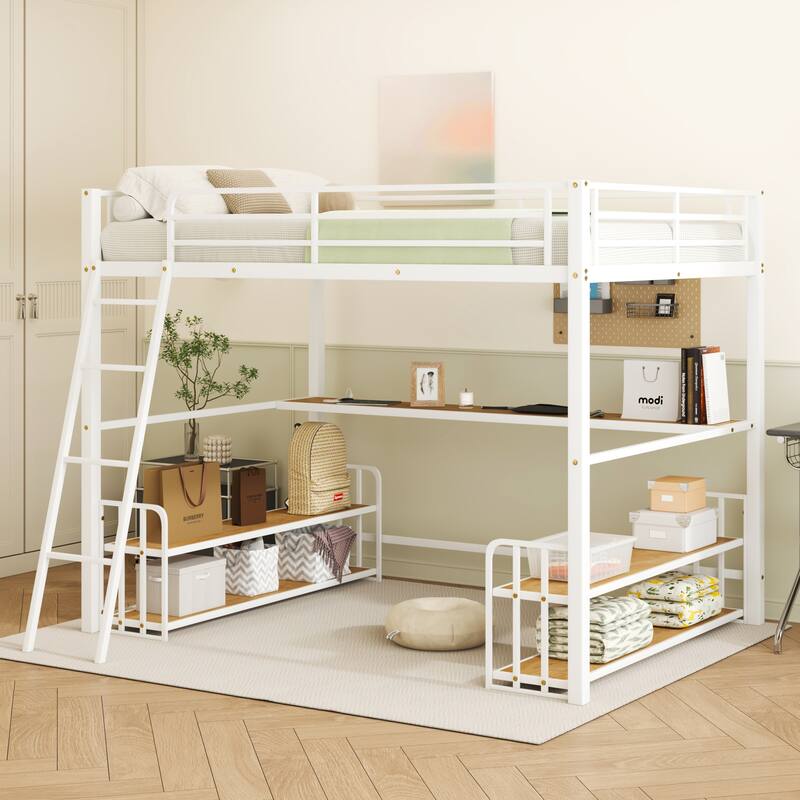 Heavy Duty Metal Bed Frame, Twin Size Loft Bed with Wood Desktop Desk, Storage Shelves and Charging Station for Bedroom - White - Full