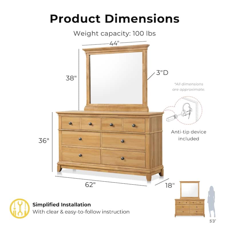 Furniture of America Wellington Farmhouse Natural Oak Wood 6-Drawer 2-Piece Dresser and Mirror Set