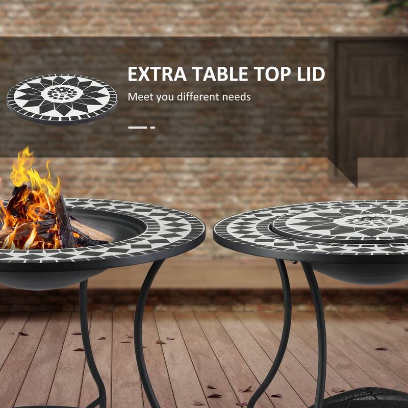 Outsunny 30 Inch Outdoor Fire Pit, 3-in-1 Outdoor Dining Table Round Wood Burning Firepit, Mosaic Tile Garden Table