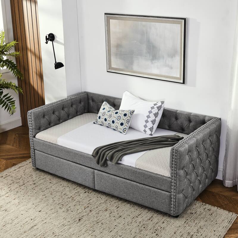 Tufted Daybed Upholstered Frame Sofa Bed with Button Copper Nail on Square Arms, and Pull-out Trundle Bed or Storage Drawers