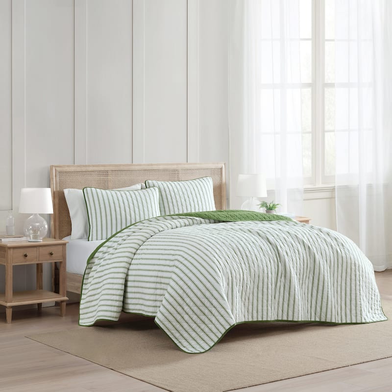Martha Stewart Ticking Stripe Cotton Reversible Green Quilt Set