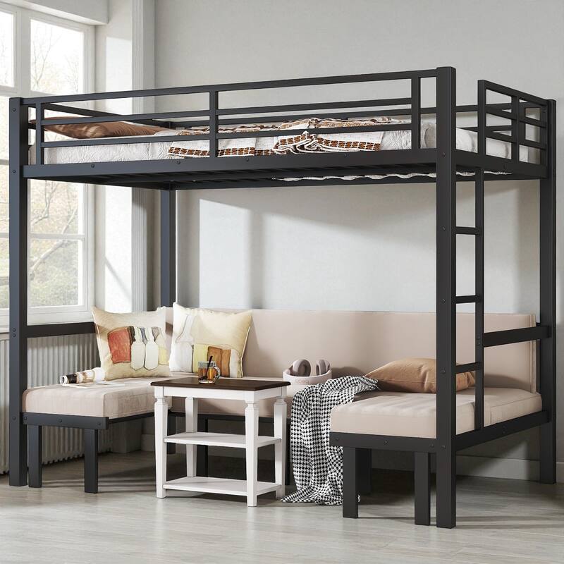 Full over Full / Queen over Queen Metal Bunk Bed with 3-Section Pull-Out Lower Bed and Safety Guardrails - Black - Full