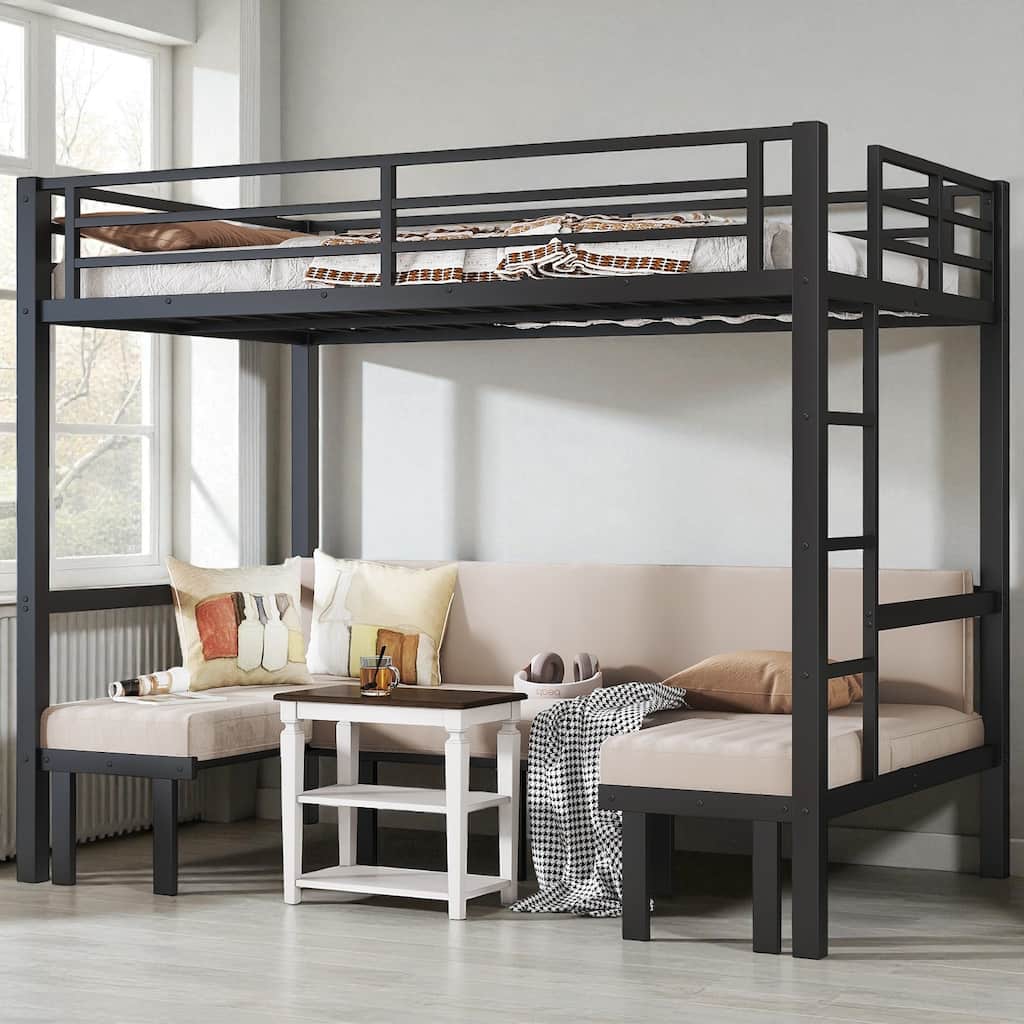 Full over Full / Queen over Queen Metal Bunk Bed with 3-Section Pull-Out Lower Bed and Safety Guardrails