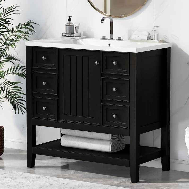 36" Bathroom Vanity with Sink Combo, One Cabinet and Three Drawers, Solid Wood and MDF Board