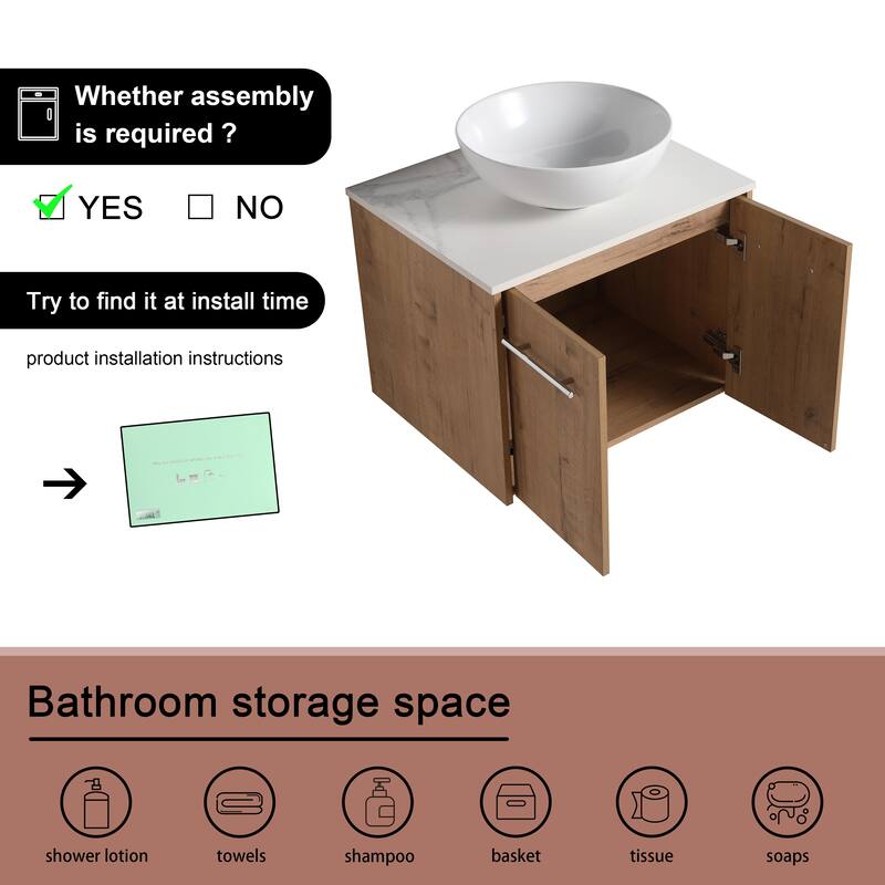 BNK 24"/30" Single Sink Bathroom Vanity with Soft Close Door, Modern Floating Vanity