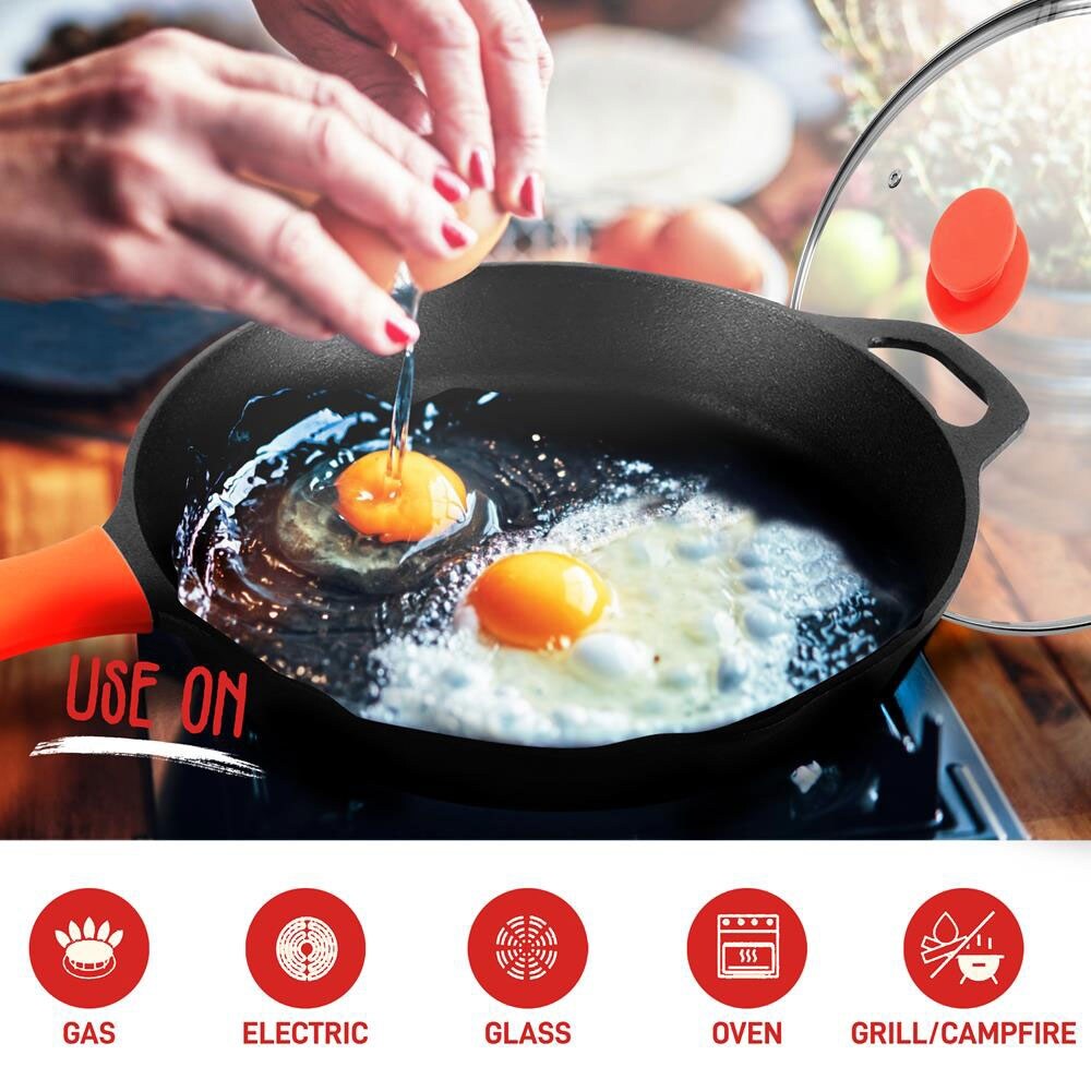Nutrichef 10 Inch Pre Seasoned Nonstick Cast Iron Skillet Frying Pan  Kitchen Cookware Set W/ Tempered Glass Lid & Silicone Handle Cover (2 Pack)  : Target