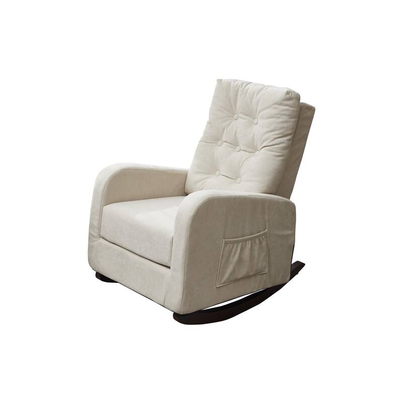 Beige Adjustable Recliner for Balcony or Tatami, with High Back Design, Solid Wood Legs, and Side Storage Pockets