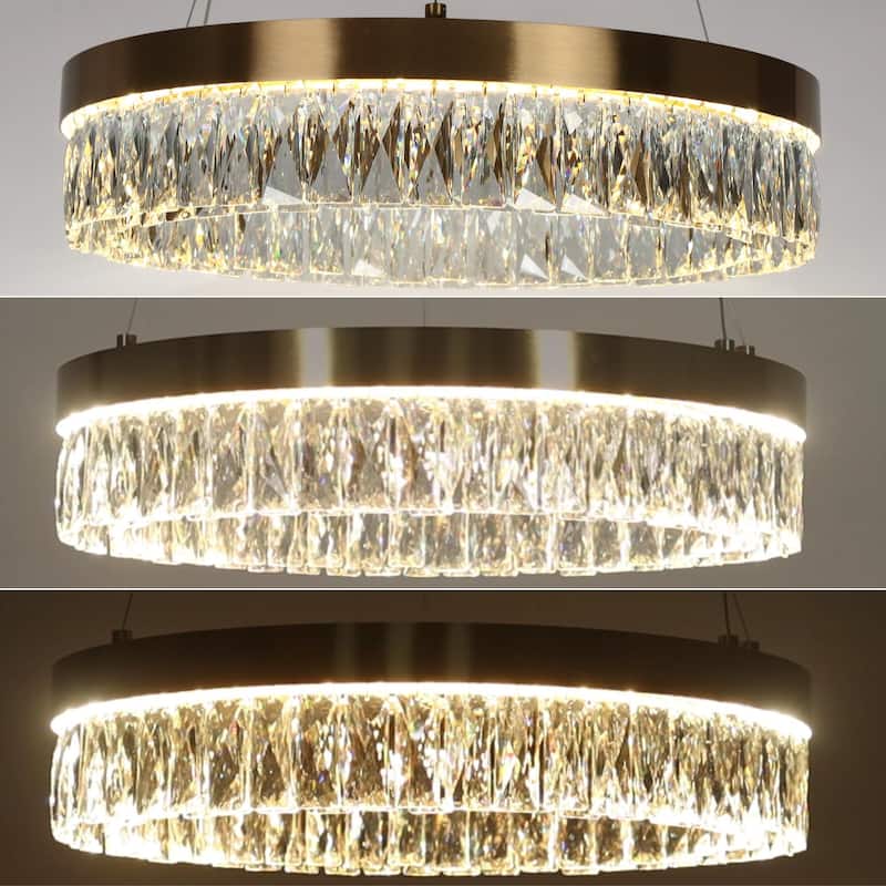 Modern Glam 1-Light Gold Crystal LED Chandelier Round Pendant Lights for Dining Room - 21.5" D x 5.5" H