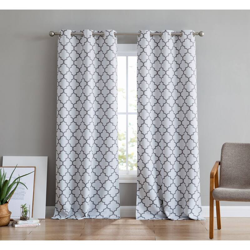 HLC.me Lattice Geometric Blackout Thermal Privacy Room Darkening Grommet Window Drapes Curtain Panels - Set of 2 - 37 W x 96 L per panel - Pair - Platinum White & Grey