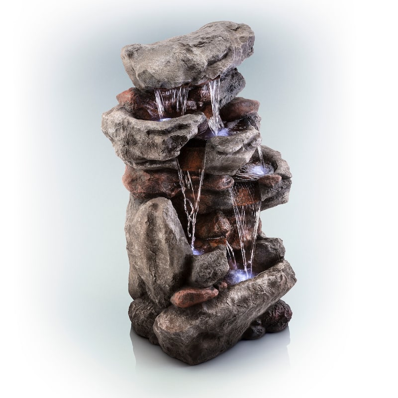 Alpine Corporation WIN730 52" Brown Outdoor Floor Tiered Rainforest Rock Fountain with LED Lights