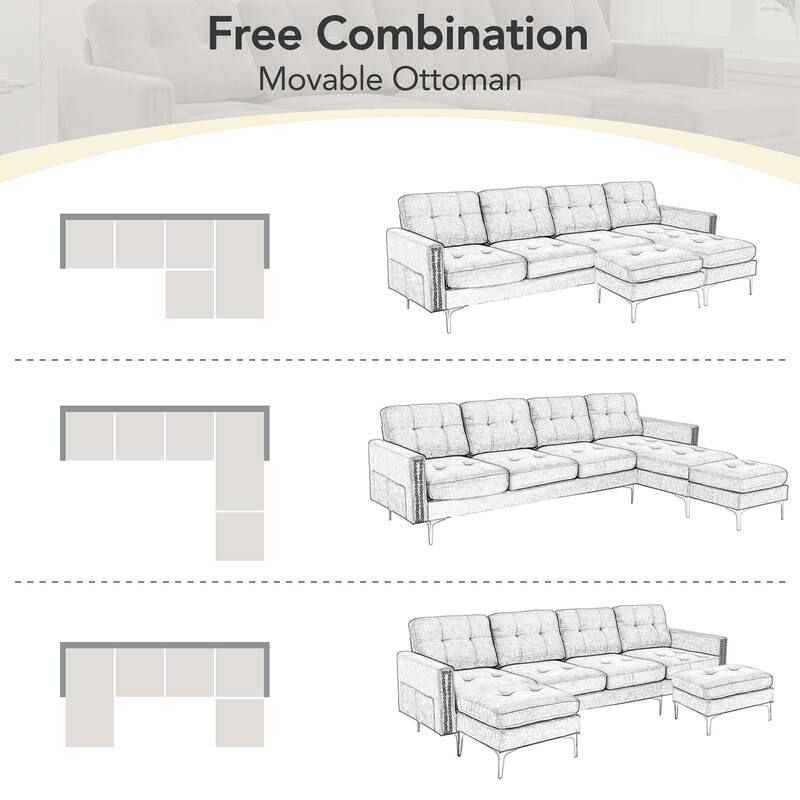Convertible L-Shaped Velvet Sectional Sofa with Movable Ottoman and Gold Metal Legs for Living Room