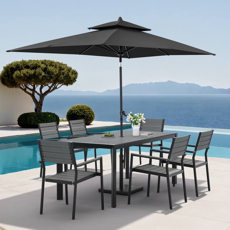 9-Piece Outdoor Patio Dining Set Wood Like Aluminum Umbrella Hole Table with Stackable Armchairs, Market Umbrella and Base - GreyTable&GreyChairs&BlackUmbrella