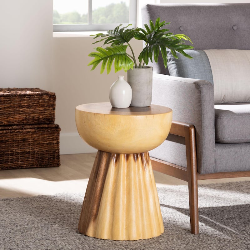 Alara Hand-carved Suar Wood Side Table - Sculptural Pedestal Table with Natural Grain, Boho Style for Living Room or Bedroom