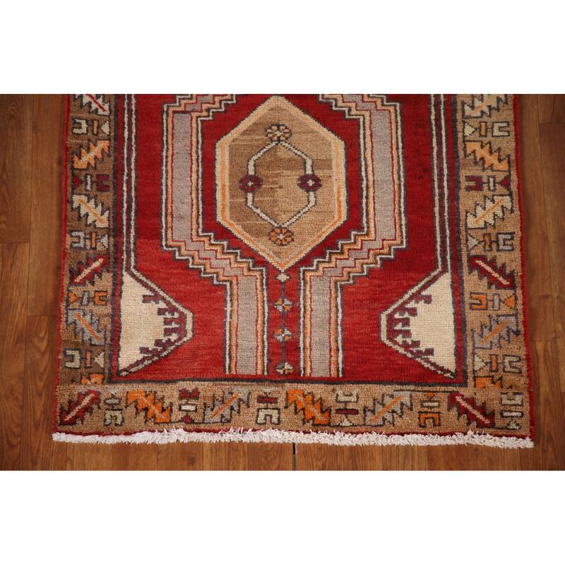 Red Ardebil Persian Runner Rug Handmade Vintage Wool Carpet - 3'0"x 12'0"