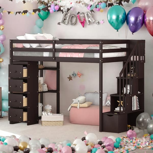 slide 2 of 14, Twin Size Wooden Loft Bed With 4 Storage Drawers,Shelves and Stairs
