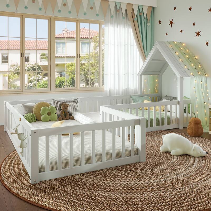 Modern House Floor Bed Frame, Double Floor Beds with Fence and Door