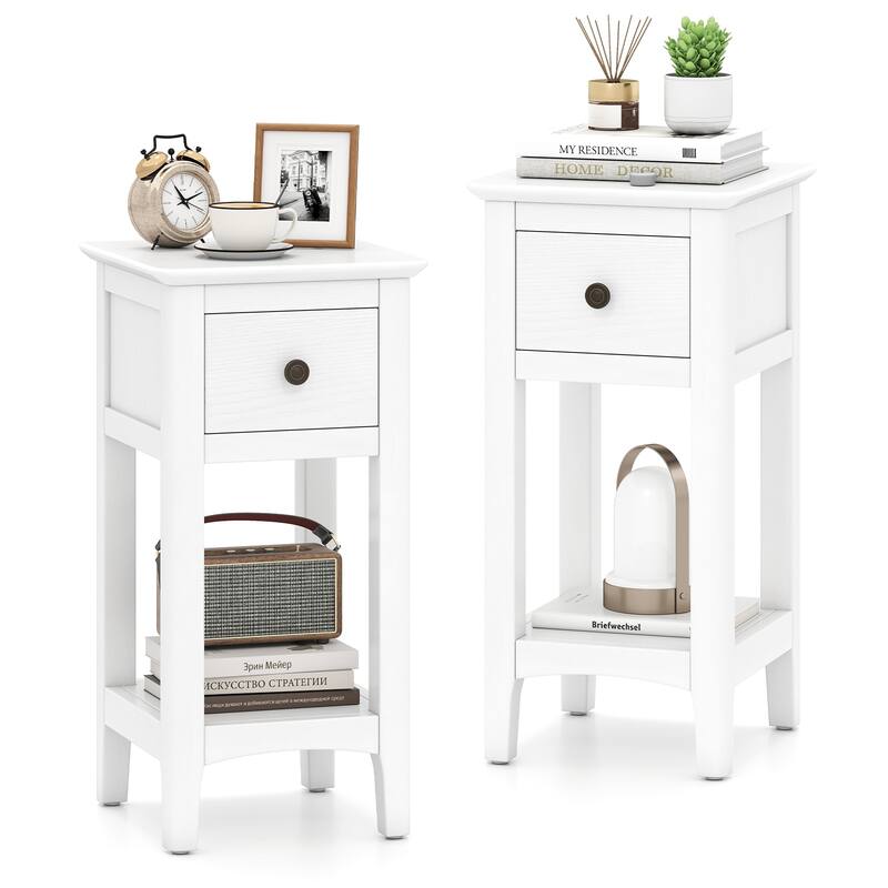 Gymax 2PCS Nightstand 3-Tier Bedside Table w/ Open Storage Shelf & - White
