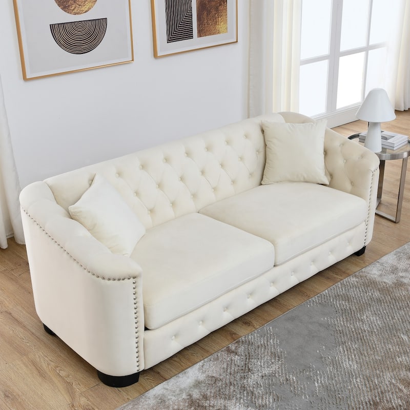 77" Velvet 3-Seater Sofa with Nailhead Arms and 2 Pillows