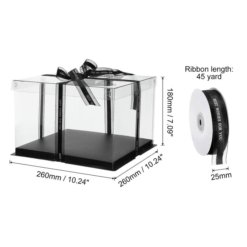 Clear Cake Box with Ribbon, 6Pcs 7"x7"x5" for 4 Inch Cake Packing - Black - 10"x10"x7"