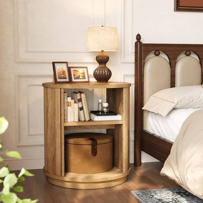 3-Tier Round End Table, Side Table with Storage Shelf, Farmhouse Nightstand Bedside Stand