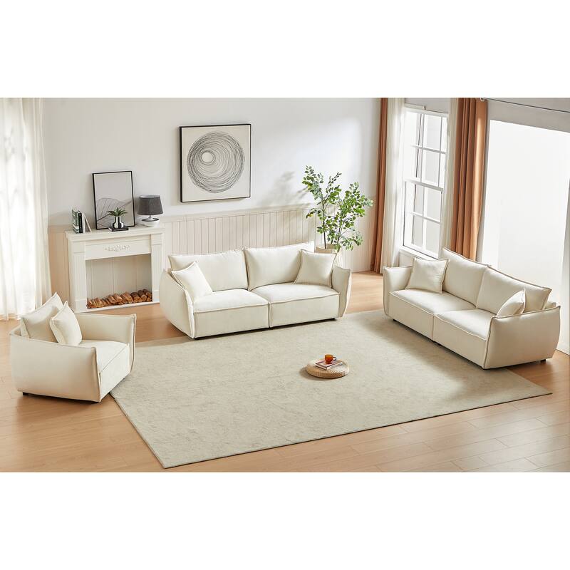3-Piece Linen Modular Sofa Set (3+3+1) with Wood Frame & 5 Pillows - Beige