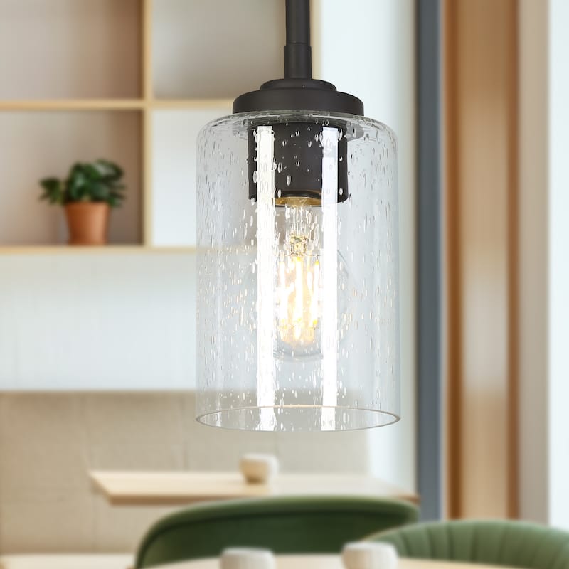 Modern Industrial 1-Light Black Pendant Seeded Glass Island Light Commercial - D3.9" x H7.2"