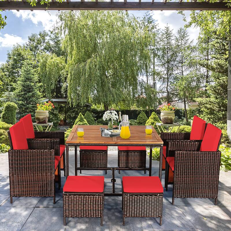 9 PCS Patio Dining Set with Removable Cushions and Wicker Armchair