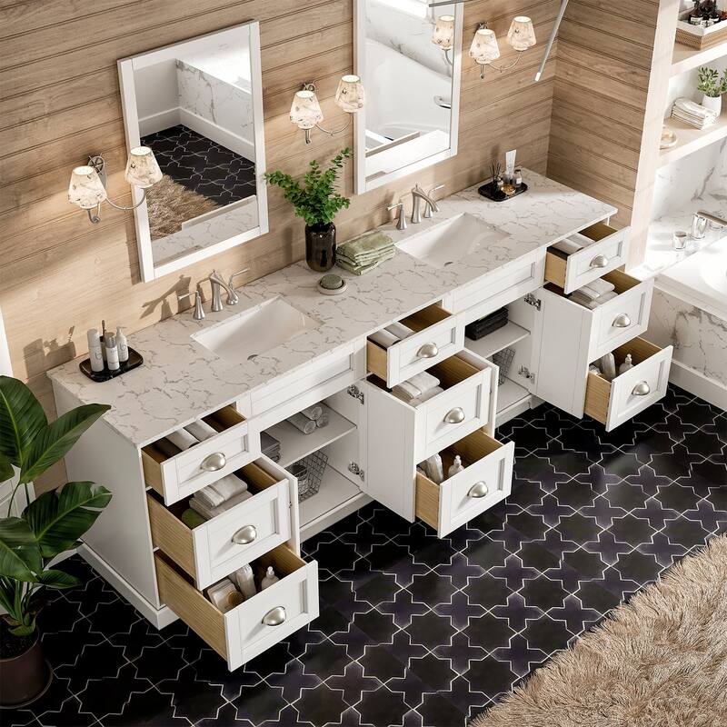Epic 96 in. DS Bath Vanity with Carrara Quartz Top & Undermount Sinks