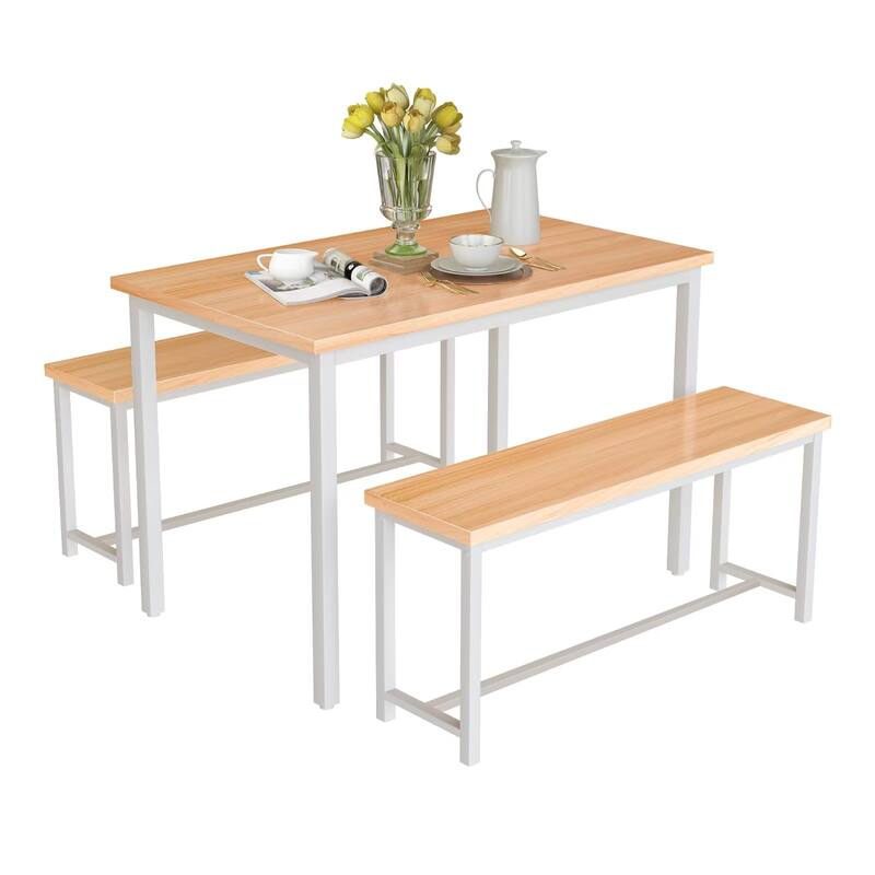 Industrial 3-Piece Dining Table Set, Retro Wood Kitchen Table Set with 2 Benches for Home Kitchen, Dining Room, Restaurant