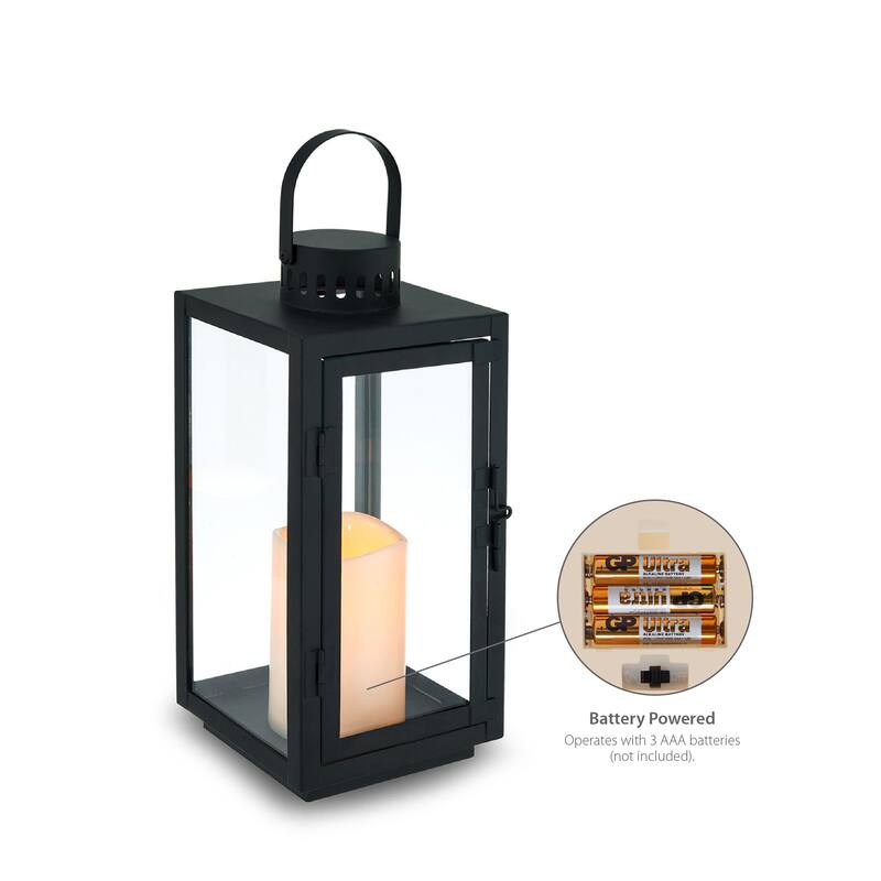 Elements Set of 2 Black Rectangular Metal Lanterns, 12 Inch
