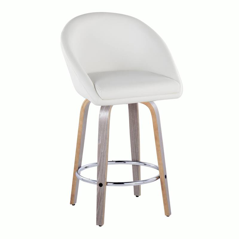 Carson Carrington Livesey High Back 26" Fixed-Height Counter Stool with Bent Wood Legs & Round Footrest (Set of 2) - White Faux Leather/Light Grey Wood/Chrome