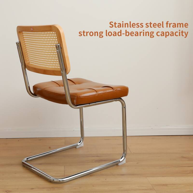 Dining Chairs Set of 2, Fauex Leather Rattan Side Accent Chairs with Chrome Legs, Modern Mid Century Breuer Designed Chairs