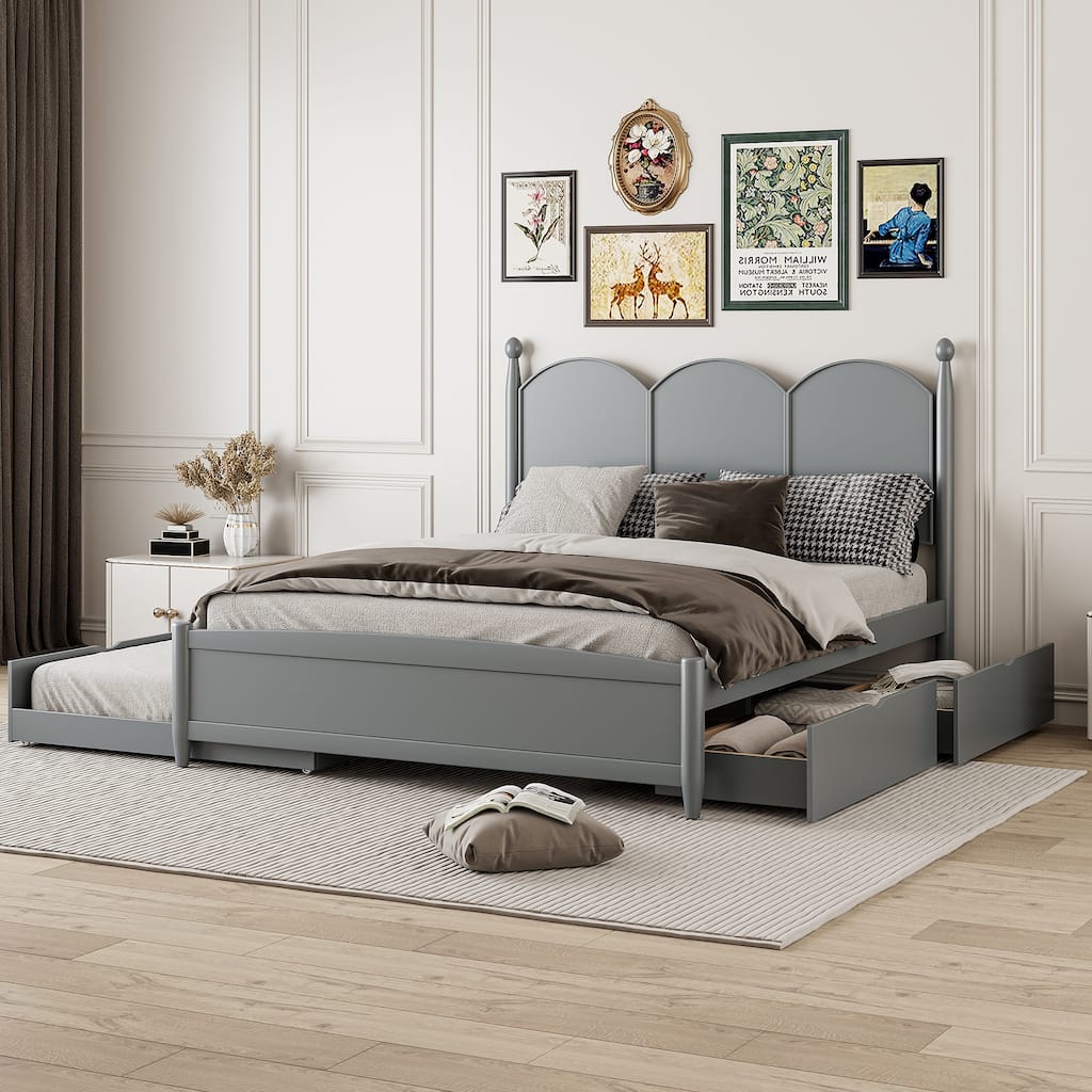 Queen Platform Bed with Twin XL Trundle and Dual Storage Drawers, Solid Wood Frame, Curved Headboard, Space-Saving