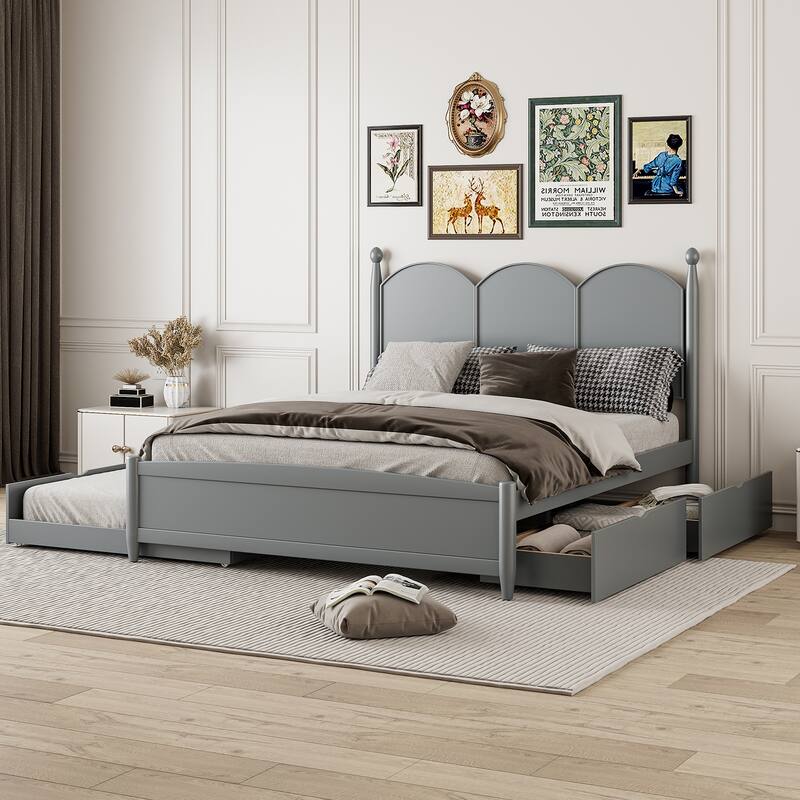 Queen Size Curved Wingback Platform Bed with 2 Drawers and Trundle Bed