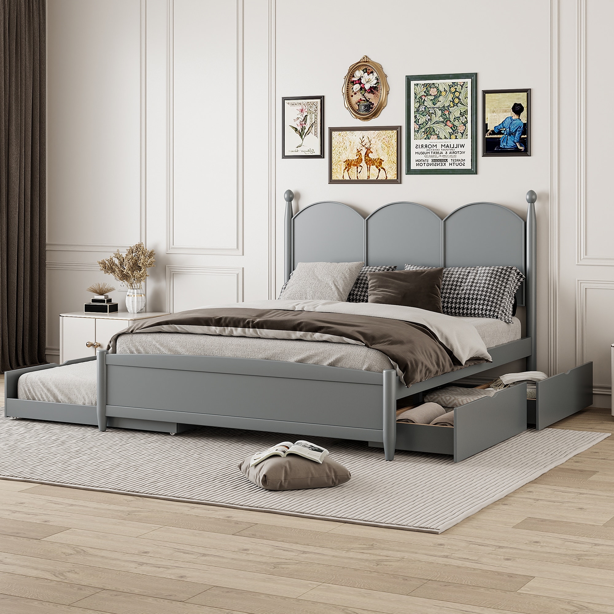 Queen Size Platform Bed With with 2 Big Drawers and Twin XL Size Trundle
