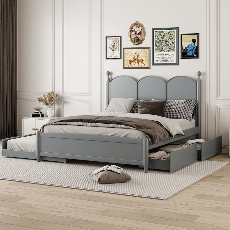 Queen Size Platform Bed for Bedroom with Twin XL Size Trundle, Rustic Storage Wooden Bed Frame with 2 Storage Drawers