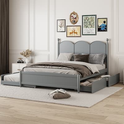 Queen Size Platform Bed for Bedroom with Twin XL Size Trundle, Rustic Storage Wooden Bed Frame with 2 Storage Drawers