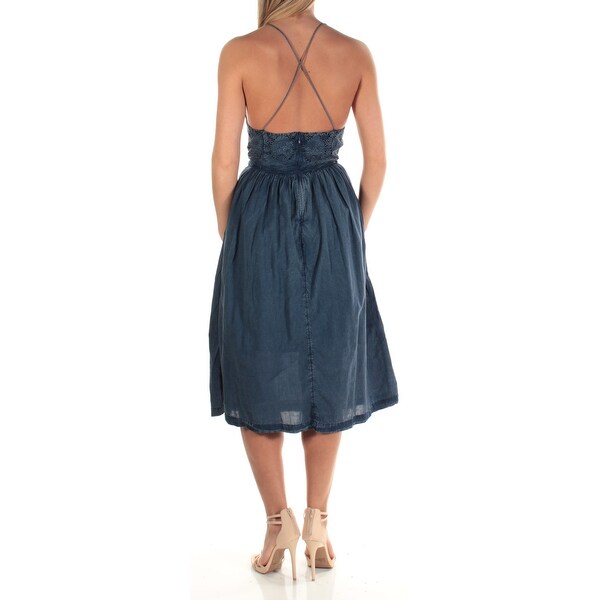 low back denim midi dress