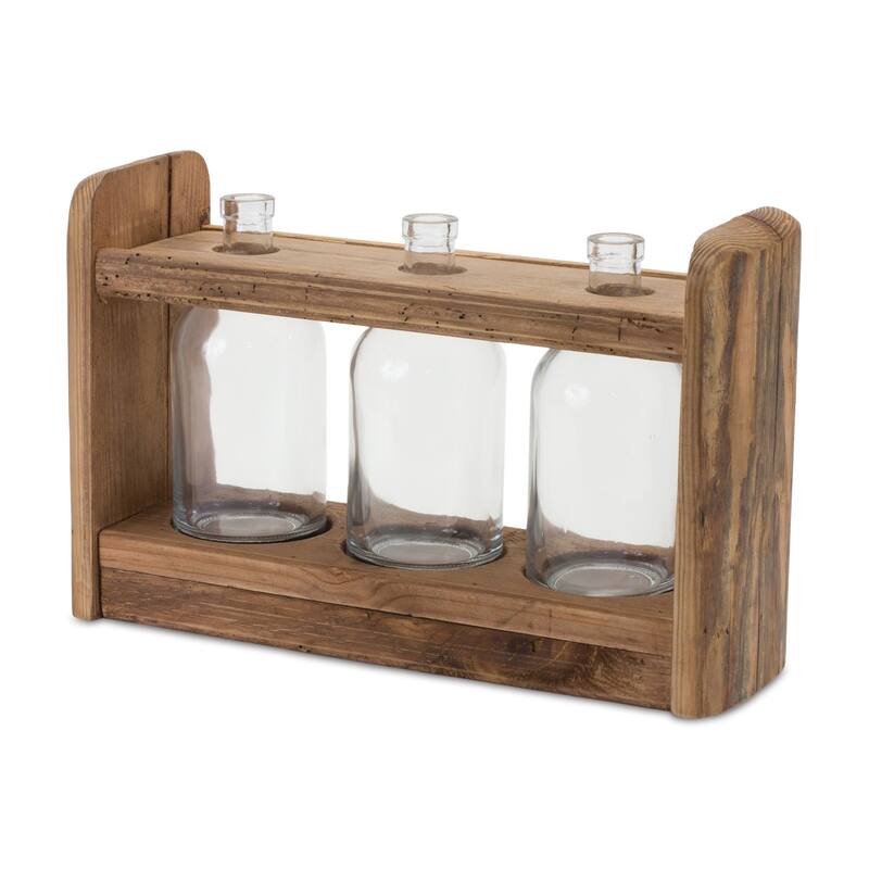 10" Clear And Brown Glass And Wood Three Bottle Table Vase - 15.00