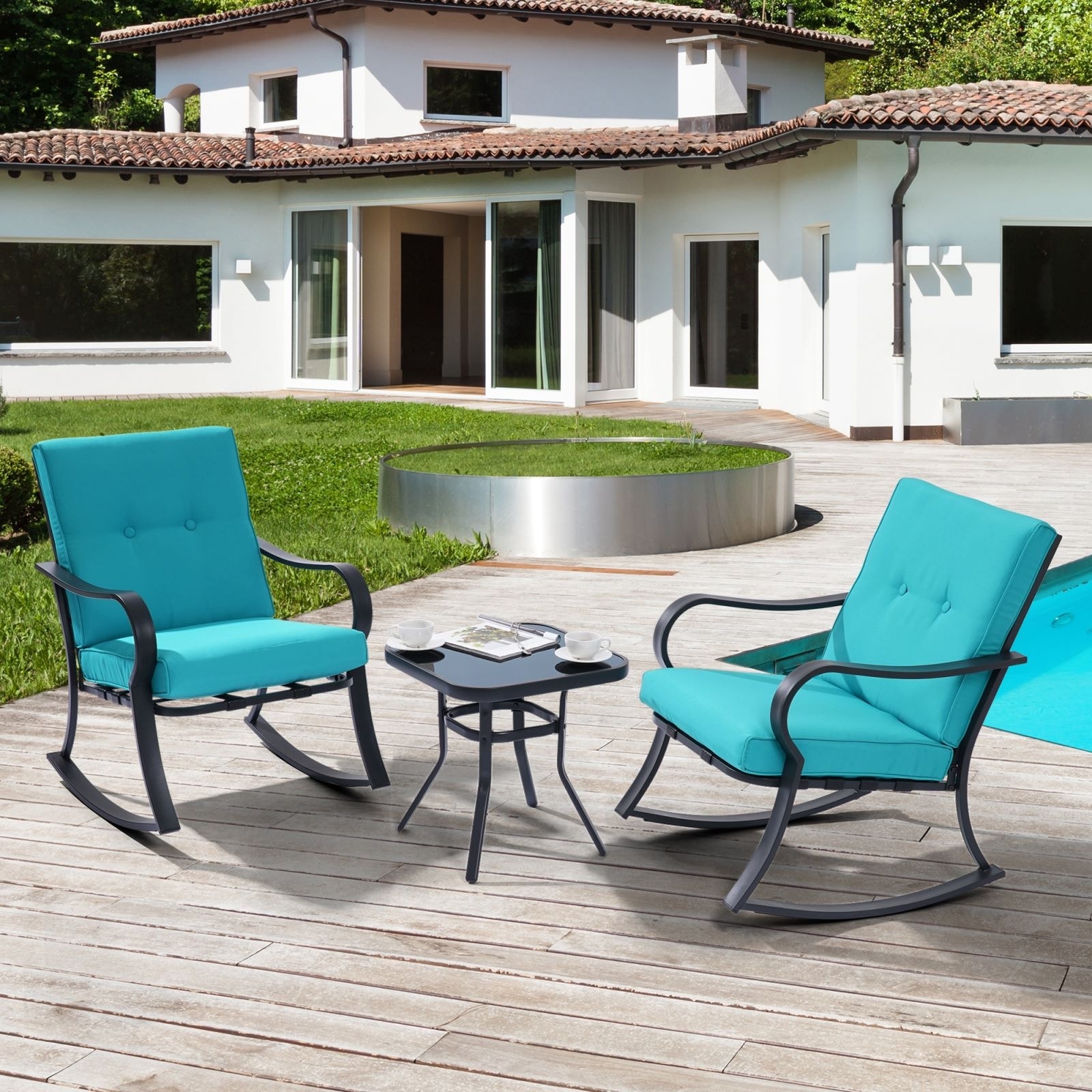 Patio Festival ® Rocking Chairs Bistro Set Metal Outdoor Furniture,3 Pices Conversation Set with Coffee Table&Thick Cushions for Backyard,Lawn,Porch,Poolside 3 PCs, Blue 
