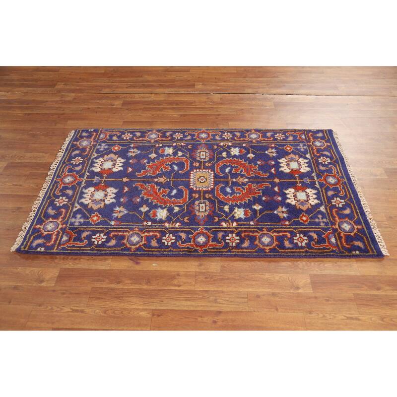 Hand Knotted Oriental 100% Wool Carpet Transitional Floral Navy Blue & Blues Oushak Area Rug - 5' 0'' X 3' 1''