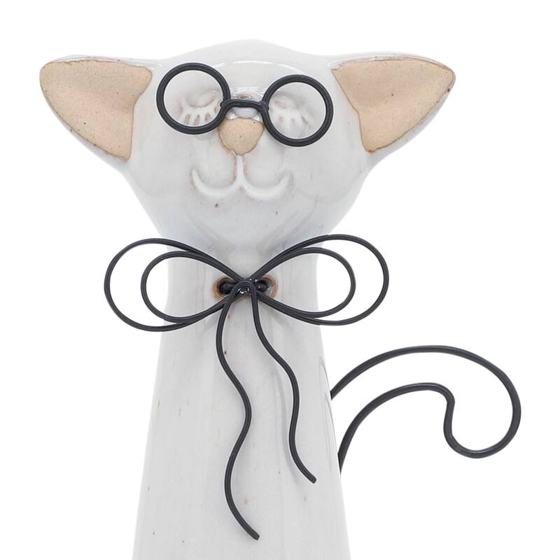 Sagebrook Home Modern Neutral Ceramic Cat with Glasses Figurine