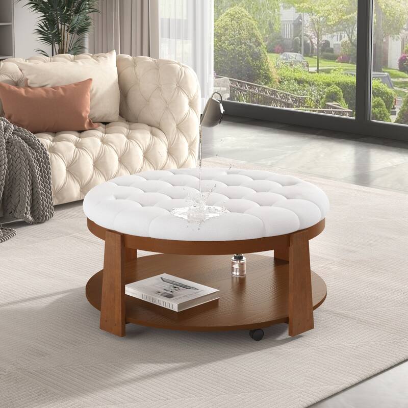 Coffee Table 2-Tier Button Tufted Ottoman with Wood Shelf,Upholstered Coffee Table,Footrest Ottoman with wheel,waterproof Linen