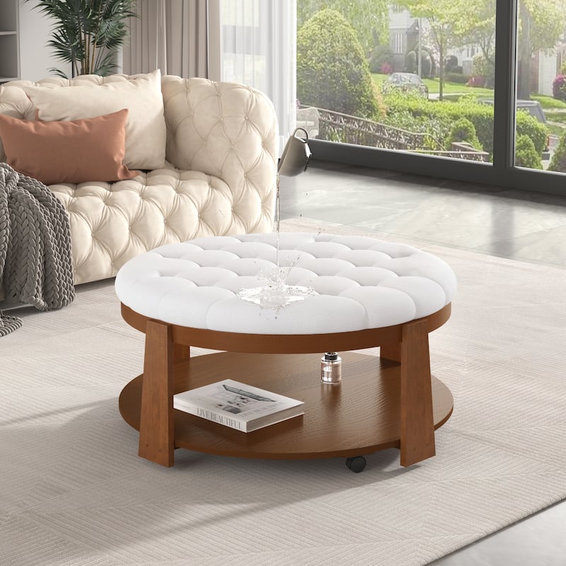 Round Ottoman Coffee Table 2-Tier Center Table with Shelf, Ivory White End Table Cocktail Table with Wheels